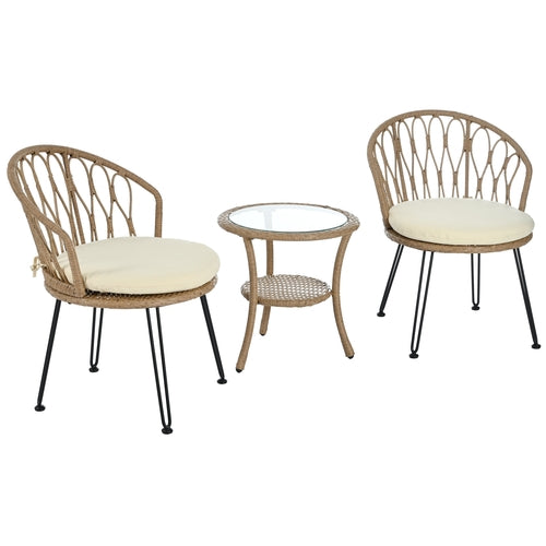 Outdoor Leisure Set, 2 Rattan Single Chairs with A Glass Round Table