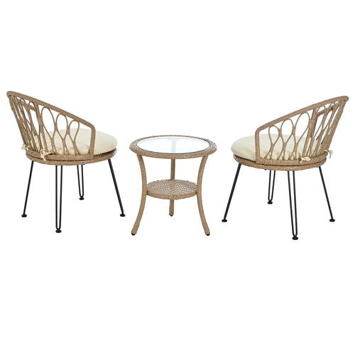 Outdoor Leisure Set, 2 Rattan Single Chairs with A Glass Round Table