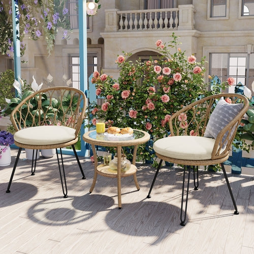 Outdoor Leisure Set, 2 Rattan Single Chairs with A Glass Round Table