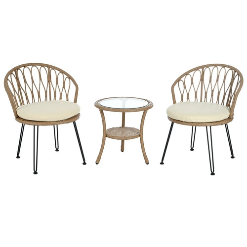 Outdoor Leisure Set, 2 Rattan Single Chairs with A Glass Round Table