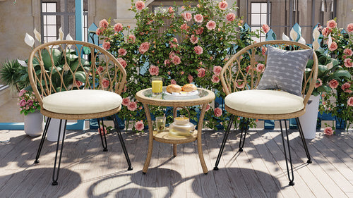 Outdoor Leisure Set, 2 Rattan Single Chairs with A Glass Round Table