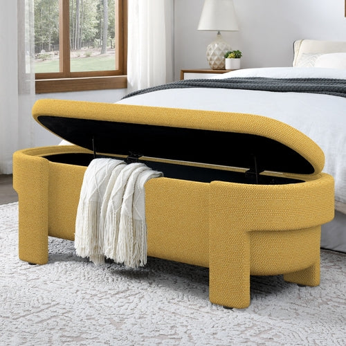 Linen Fabric Upholstered Bench with Large Storage Space